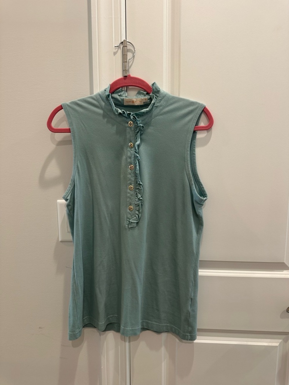 Tory Burch Sleeveless Ruffle Henley Tank in Sage